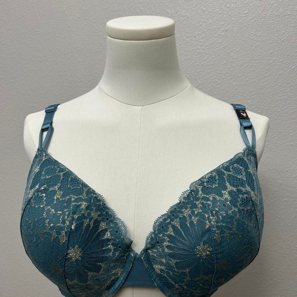 Victoria's Secret lined demi Blue lace bra with gold floral embroidery size 38DD